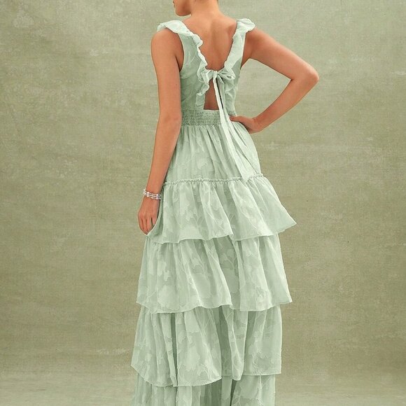 Mint Green Party Women's Floral Textured Tiered Ruffle Maxi Dress Dresses - Picture 2 of 5